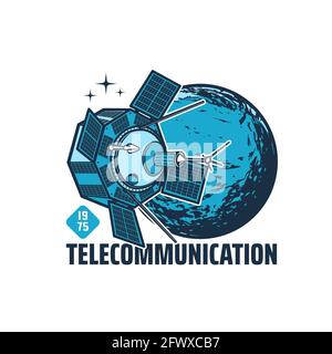 Telecommunication vector satellite with communication antennas and solar panels in space with planet. Galaxy and outer space investigation equipment i Stock Vector