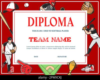 Baseball diploma, sport team award certificate and victory cup appreciation, vector template. Baseball tournament and softball league championship dip Stock Vector