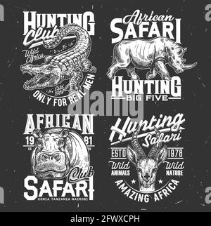 Bison, bighorn sheep ram and Cape buffalo hunting t-shirt vector prints.  Trophy hunting club mascot, hunter clothing print with retro typography,  Afri Stock Vector Image & Art - Alamy