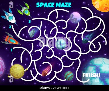 Labyrinth maze game spaceships and planets. Kids vector board game with rockets in space. Boardgame with tangled path, start and finish, cartoon plane Stock Vector
