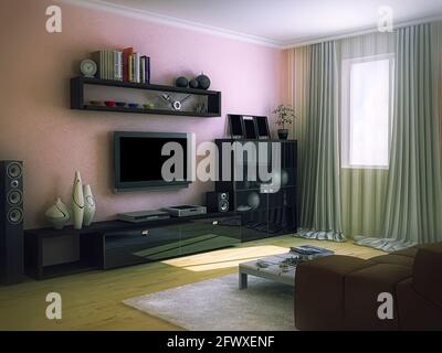 3d render of the interior design of the living room in a modern style. Interior 3d illustration with wall tv system Stock Photo