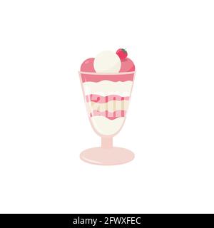 Ice cream in glass cup Vector icon in flat design Strawberry and vanilla ice cream isolated on white background Stock Vector