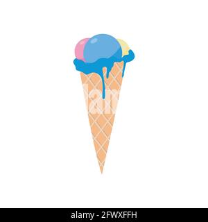 Melting ice cream Vector illustration in flat design Icon of waffle cone with fruit creamy scoops isolated on white background Stock Vector