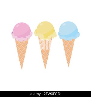 Fruit ice cream Vector icon set in flat design Classic ice cream in waffle cones with different taste Stock Vector