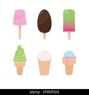 Ice cream set Vector illustration in flat design Different popsicles and waffle cones isolated on white background Stock Vector