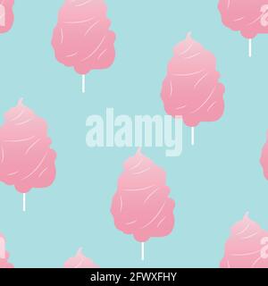 Cotton candy seamless pattern Vector illustration in flat design Fluffy pink candy on stick on blue background Stock Vector