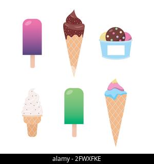 Ice cream collection Vector illustration in flat design  Popsicles and waffle cones with different taste and icing isolated on white background Stock Vector