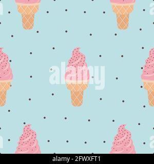 Cute seamless pattern with ice cream cones Vector illustration with strawberry waffle cones and chocolate chips on light blue background Stock Vector