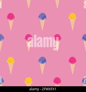Ice cream pattern Vector illustration in flat design Seamless print with colorful waffle cones on pink background Stock Vector