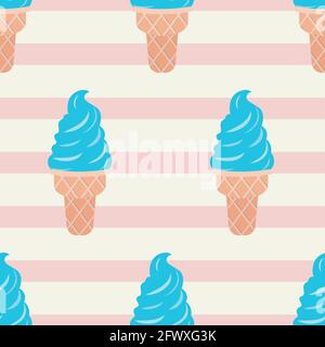 Mint ice cream Vector illustration in flat design Seamless pattern with waffle cones on light striped backdrop Stock Vector