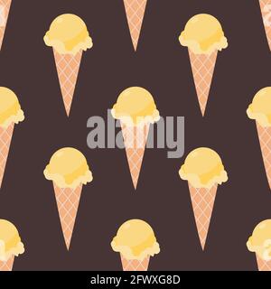 Yellow waffle cone Vector illustration in flat design Seamless pattern with ice cream on dark brown background Stock Vector