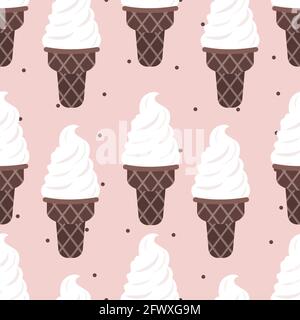 Vector cute seamless pattern with cream Flat design Vanilla ice cream in chocolate cone on light pink backdrop with polka dot Stock Vector