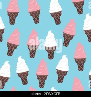 Vector seamless pattern with classic ice cream Pink and white cream in waffle cones on turquoise background Stock Vector