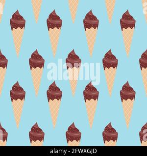 Vector seamless pattern with chocolate ice cream Classic waffle cones with icing on turquoise background Stock Vector