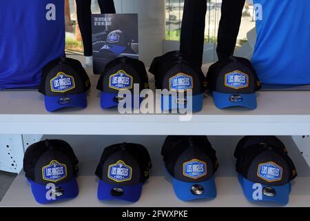 Los Angeles Rams apparel and 2021 Draft Day hats on display at the