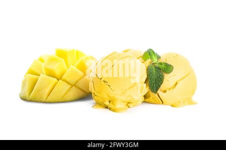 Tasty mango ice cream on white background Stock Photo