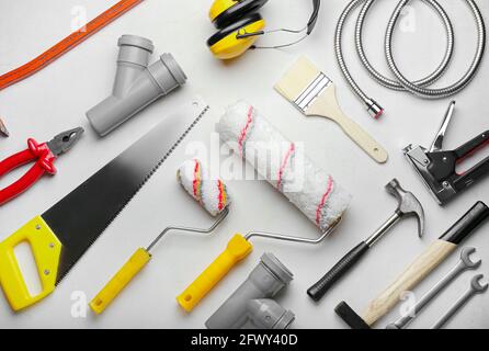 Set of construction tools on light background Stock Photo