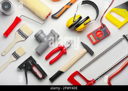 Set of construction tools on light background Stock Photo