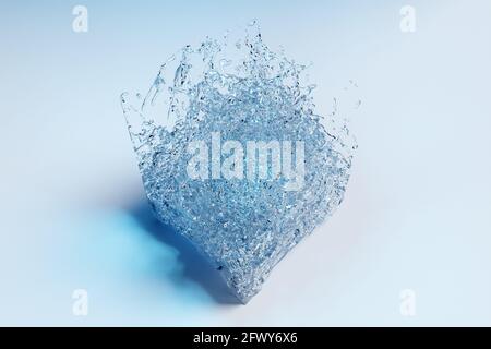 3d illustration of transparent water drops gathered in the shape of a cube on a light isolated background. texture of the water waves Stock Photo