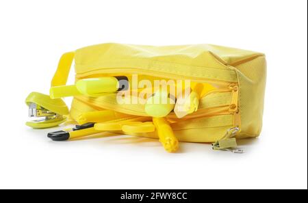 Pencil case with stationary on white background Stock Photo