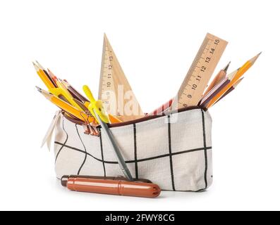 Pencil case with stationary on white background Stock Photo