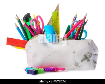 Pencil case with stationary on white background Stock Photo