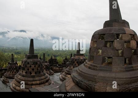 Stupas of upper terrace, Borobudur Temple, Central Java, Indonesia Stock Photo