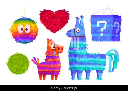 Pinata for birthday party, mexican holiday and carnival. Funny toy from crepe paper with candies or surprise inside. Vector cartoon icons of funny pinata in shape of donkey, horse, heart and ball Stock Vector