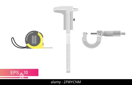 Measuring instruments, tape measure, caliper and micrometer are smooth. Realistic design. On a white background. Tools for the specialist. Flat vector Stock Vector