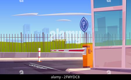 Parking security entrance with automatic car barrier, guardian booth, stop line and road sign. City guard system for automobile park, closed private area access with fence, Cartoon vector illustration Stock Vector