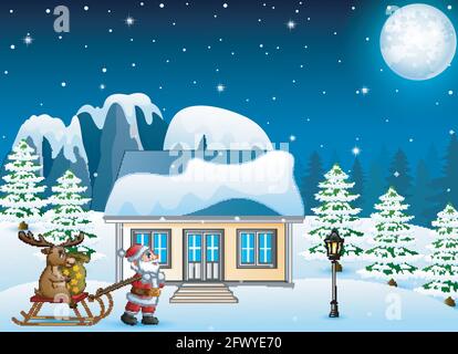 Vector illustration of Cartoon funny santa claus pulling reindeer on a sleigh with sack of gifts Stock Vector