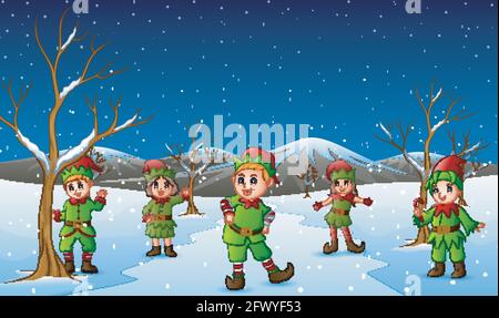 Happy kid wearing elf costume in the snowing hill Stock Vector