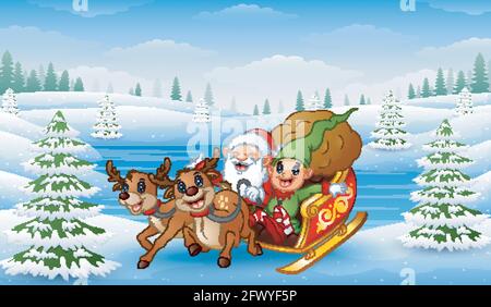 Cartoon santa claus with elf riding on a sleigh with bag of gifts pulled by reindeer Stock Vector