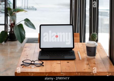CHIANG MAI, THAILAND - MAY 23, 2021: iPad Pro on table with Youtube logo, iPad Pro was created and developed by the Apple inc Stock Photo