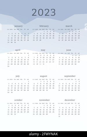 Vertical blue calendar for 2023 year. Mountains silhouettes abstract gradient colorful background. Calendar design for print and digital. Week starts Stock Vector