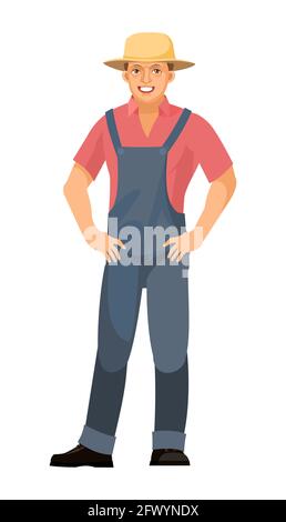 Farmer guy is standing. Young handsome cute boy wearing hat. Hands on hips. Luck, quality. In uniform, overalls. Single. Cartoon flat style. Illustrat Stock Vector