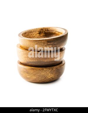 Three empty wooden bowl isolated on white background. Stock Photo