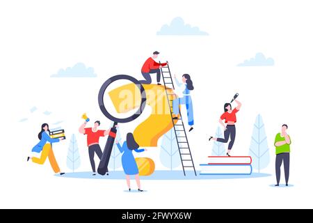 Q and A or FAQ concept with tiny people characters, big question mark, frequently asked questions template. Stock Vector