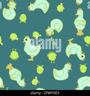 Chickens and chicks. Seamless illustration. Cartoon sketch style. Hand outline drawing cheerful funny animal. vector Stock Vector