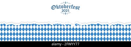 Oktoberfest background with ripped open paper having blue-white checkered pattern and text Oktoberfest 2021 Stock Vector
