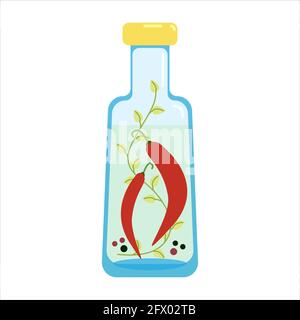 Chili peppers and spices filled with vinegar, tincture for cooking with herbs and spices in a glass bottle, vector clipart in flat style, isolate Stock Vector