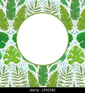 Vertical card with pattern with monstera, banana and liana leaves and copy space on white background. Tropical greeting card. Banner with jungle folia Stock Vector