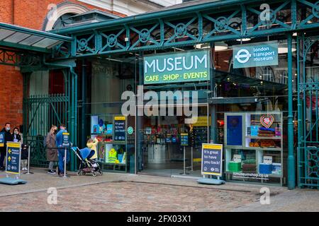London. UK- 05.23.2021. The reopened London Transport Museum in Covent Garden with visitors returning after the long Covid-19 lockdown. Stock Photo