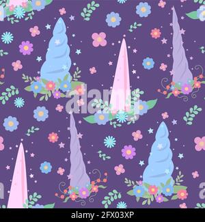 Seamless child pattern with multicolored unicorn horns with wreath of flowers and stars sparks on violet background. Rainbow decoration. Vector cartoo Stock Vector