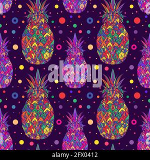 Seamless summer pop art pattern with multicolored pineapples with tribal pattern and dots on violet background. Juicy fruit wallpaper. Vector texture Stock Vector