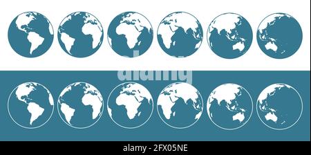 Set of vector flat illustrations of the Earth globe from different sides. Stock Vector