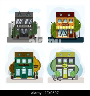 Irish pub exterior vector illustration. Flat design of facade. Beer house building concept. Emerald two-story restaurant in the European style Stock Vector
