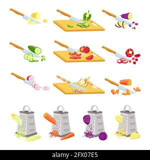 Cut vegetables on board. Knife chopping onion, tomato and radish on wooden boards. Grater rub carrot. Recipe cooking slices steps vector set Stock Vector