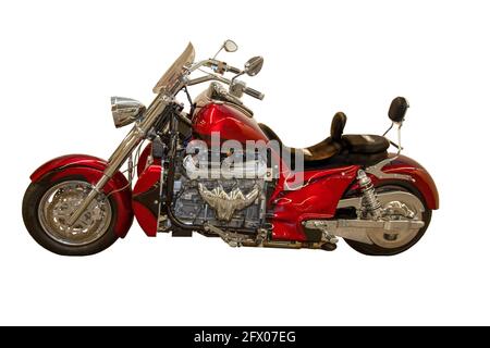 Red motorcycle isolated on white background. Two-wheeled vehicle. Stock Photo