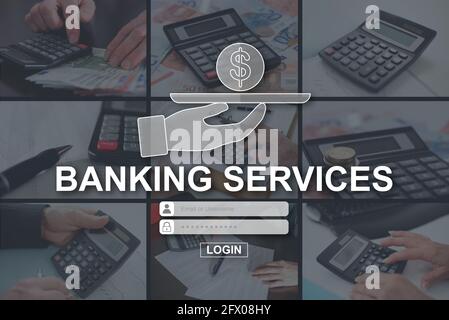 Banking services concept illustrated by pictures on background Stock Photo